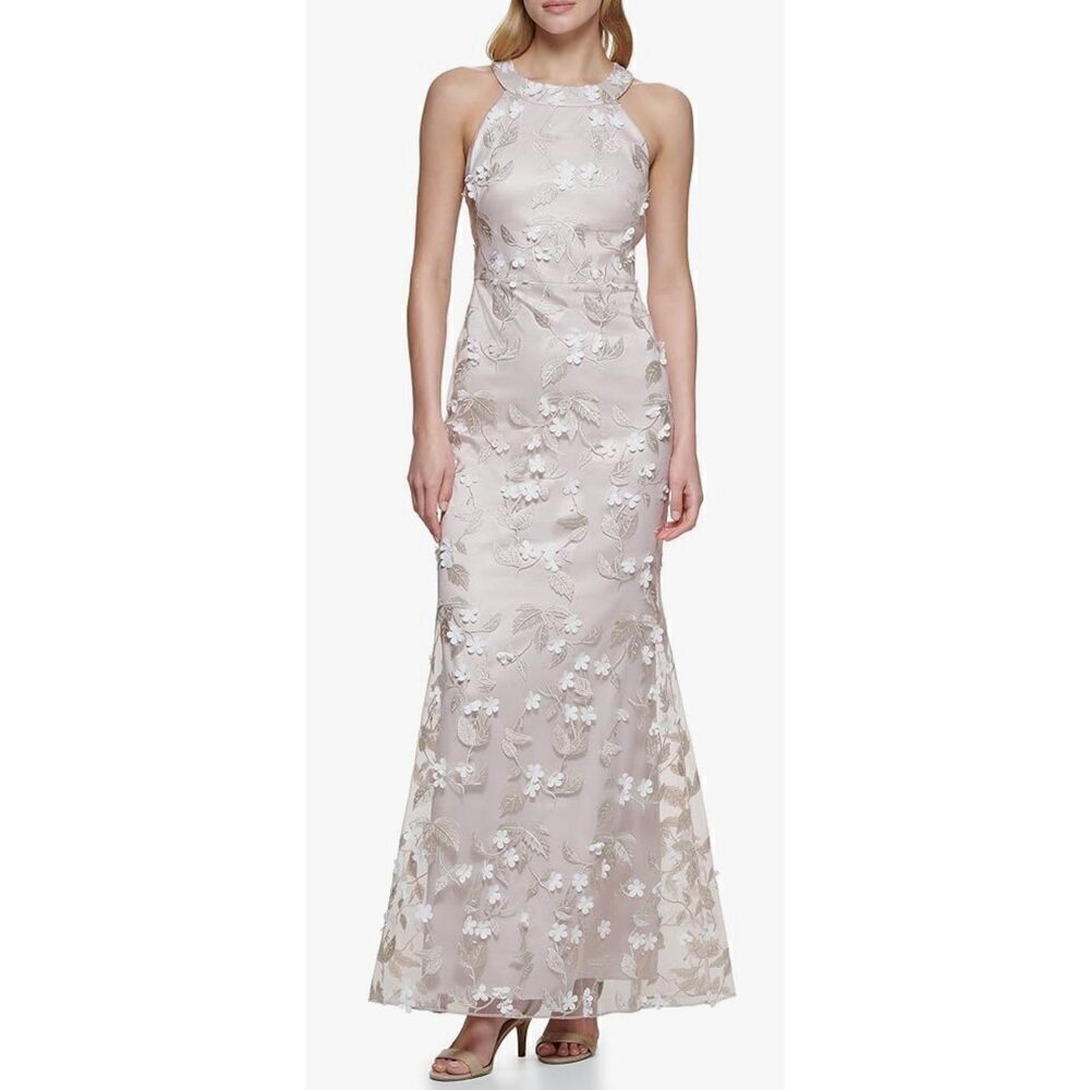 Eliza J Women's Sleeveless Halter Neck 3D Flower Gown Dress in Pink Champagne NW